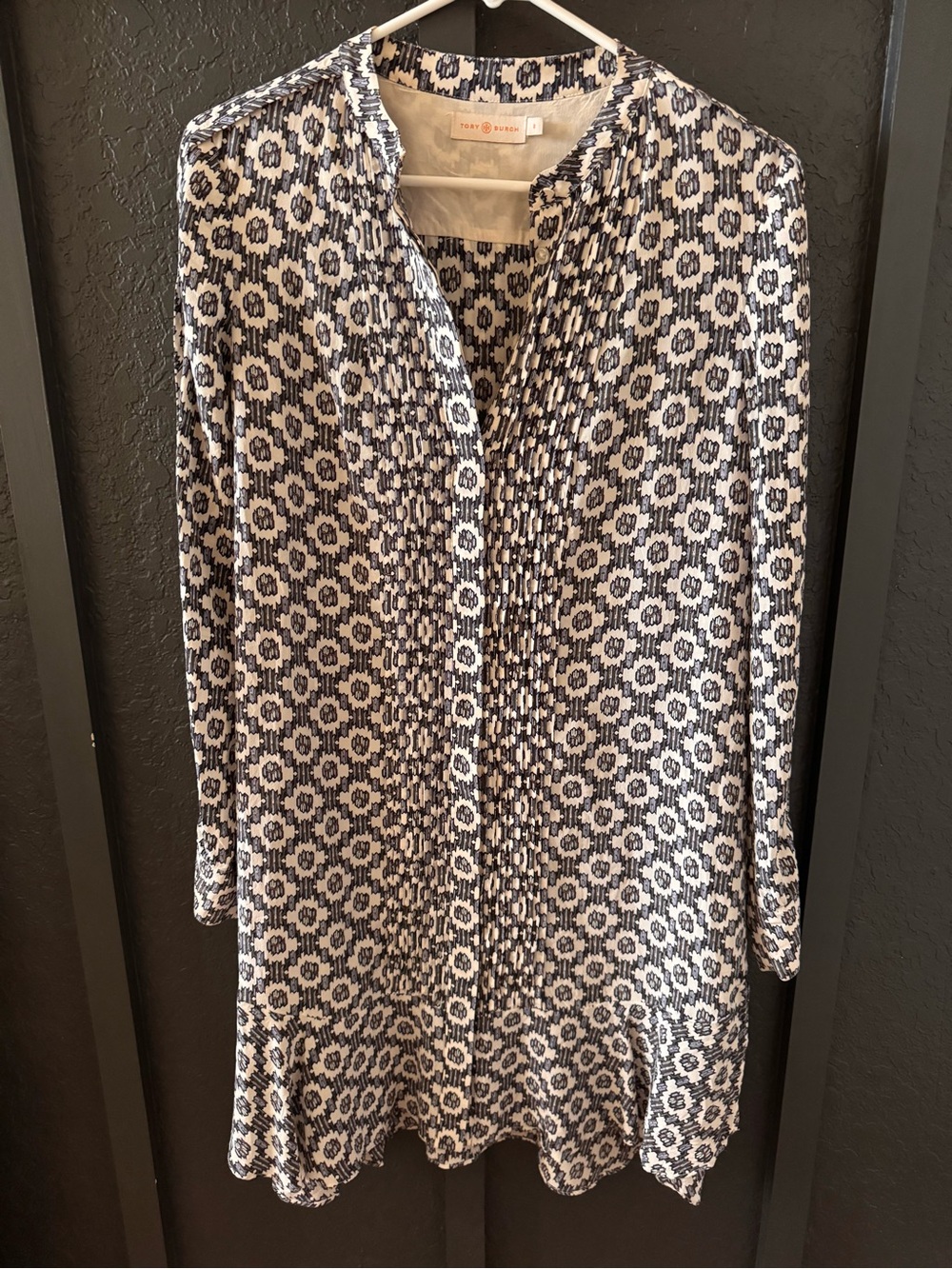 Tory Burch Navy and White Pleated silk Tunic Dress